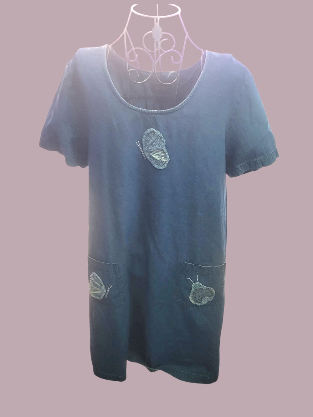 Women’s Blue Butterfly Pocket Tee Dress- Casual Embroidered 90s Plus Size XL